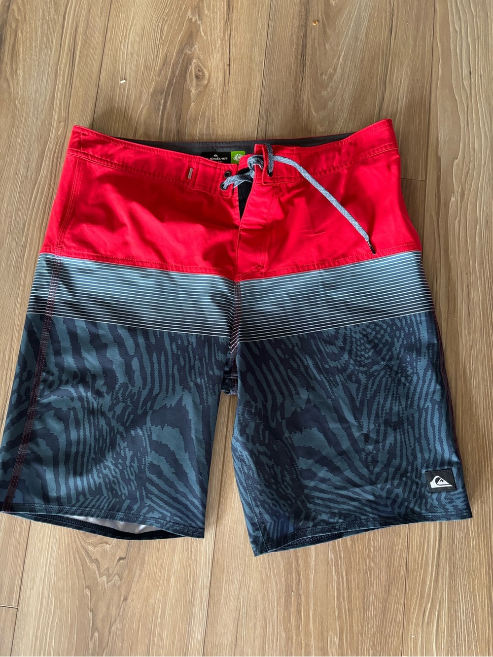 Men's Red and navy Patterned Swim Board Shorts with Contrast Waist.